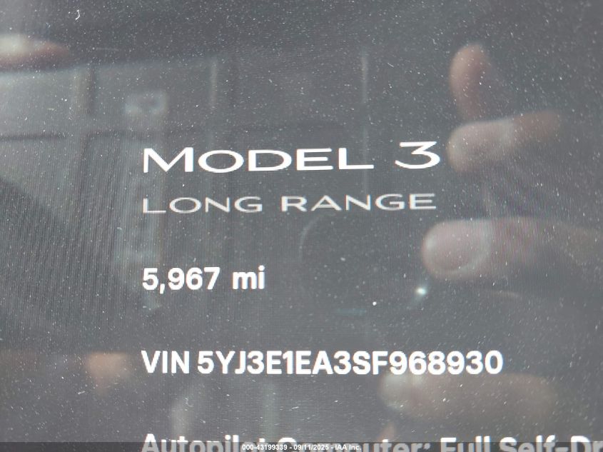 2025 Tesla Model 3 Long Range Rear-Wheel Drive VIN: 5YJ3E1EA3SF968930 Lot: 43199339