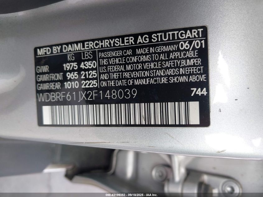 2002 Mercedes-Benz C 240 VIN: WDBRF61JX2F148039 Lot: 43199353