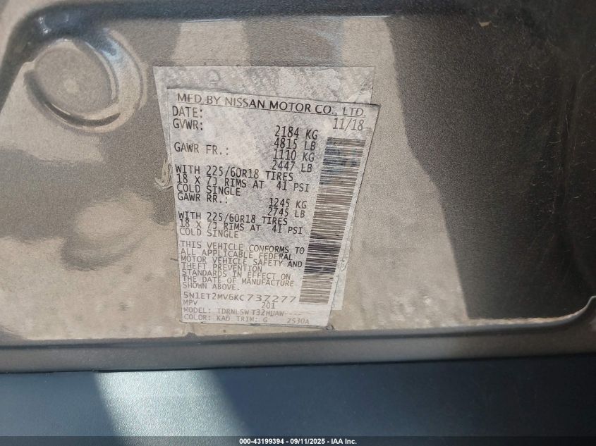 2019 Nissan Rogue Hybrid Sl VIN: 5N1ET2MV6KC737277 Lot: 43199394