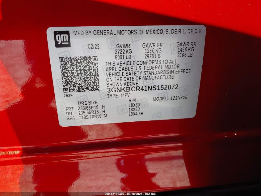 2022 Chevrolet Blazer Fwd 2Lt VIN: 3GNKBCR41NS152872 Lot: 43199403