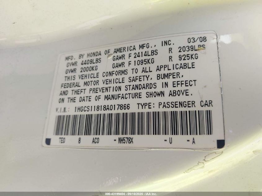 2008 Honda Accord 2.4 Ex-L VIN: 1HGCS11818A017866 Lot: 43199404