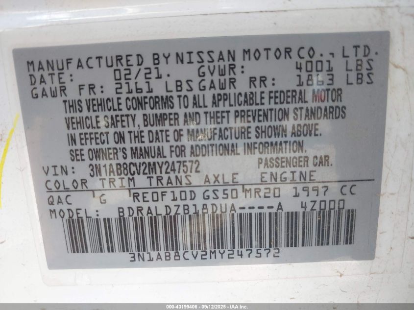 2021 Nissan Sentra Sv Xtronic Cvt VIN: 3N1AB8CV2MY247572 Lot: 43199406