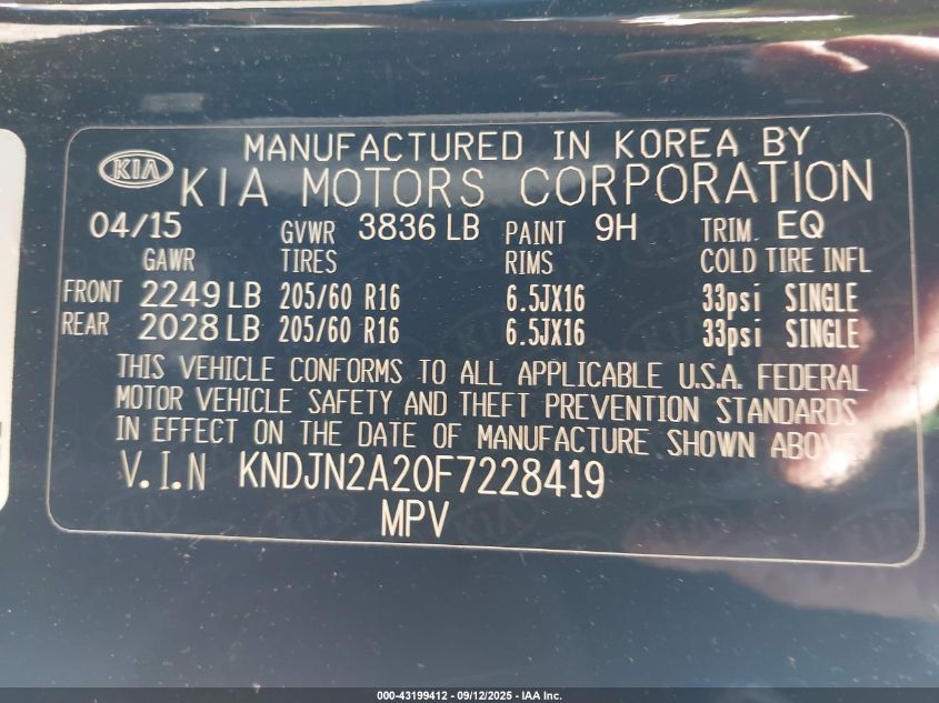 2015 Kia Soul VIN: KNDJN2A20F7228419 Lot: 43199412