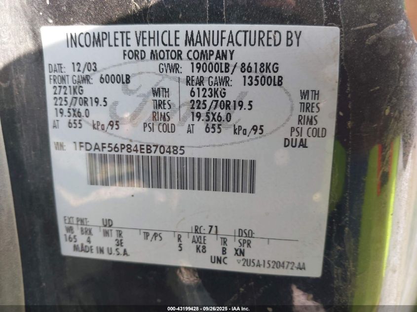 2004 Ford F-550 VIN: 1FDAF56P84EB70485 Lot: 43199428
