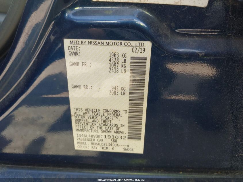 2019 Nissan Altima 2.5 S VIN: 1N4BL4BV0KC193032 Lot: 43199429