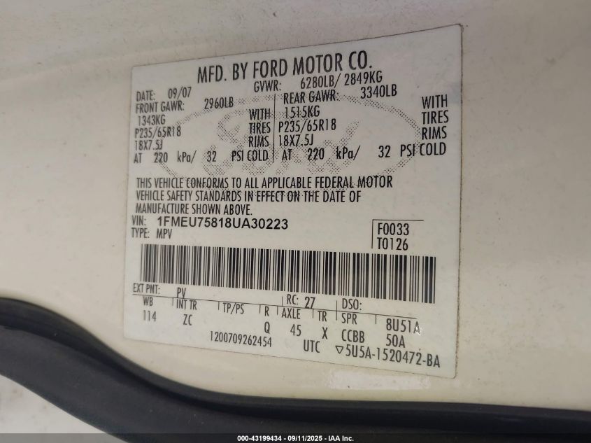 2008 Ford Explorer Limited VIN: 1FMEU75818UA30223 Lot: 43199434