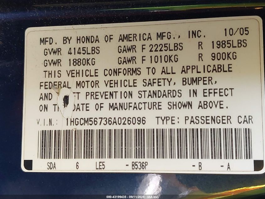 2006 Honda Accord 2.4 Ex VIN: 1HGCM56736A026096 Lot: 43199435