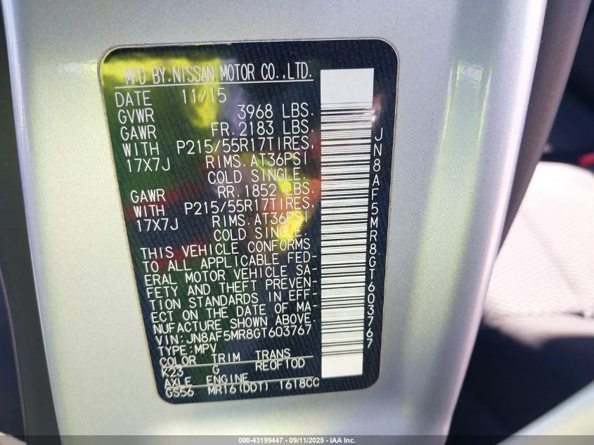 2016 Nissan Juke S VIN: JN8AF5MR8GT603767 Lot: 43199447