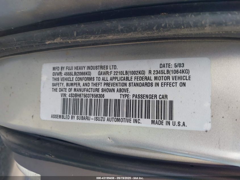 2003 Subaru Outback VIN: 4S3BH675037658306 Lot: 43199456