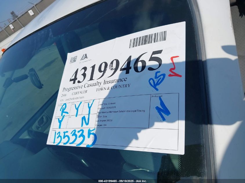 2006 Chrysler Town & Country VIN: 1A4GP45R16B674416 Lot: 43199465