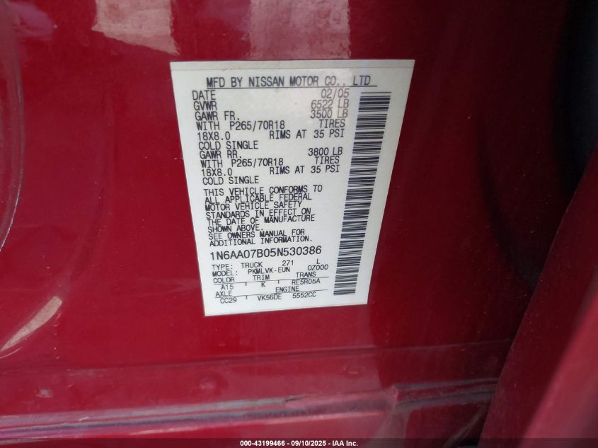 2005 Nissan Titan Le VIN: 1N6AA07B05N530386 Lot: 43199466