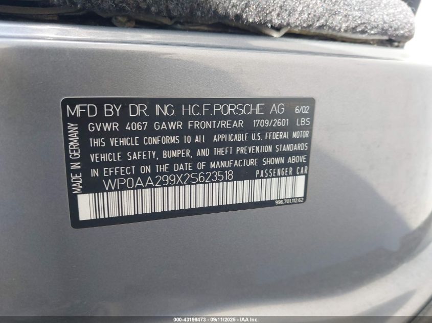 2002 Porsche 911 Carrera 4S/Turbo VIN: WP0AA299X2S623518 Lot: 43199473