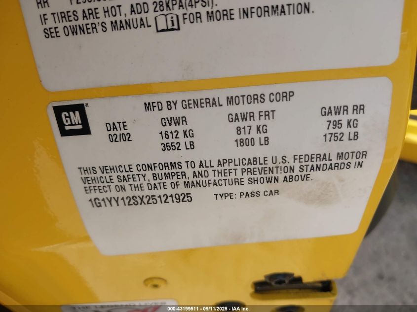 2002 Chevrolet Corvette Z06 Hardtop VIN: 1G1YY12SX25121925 Lot: 43199511