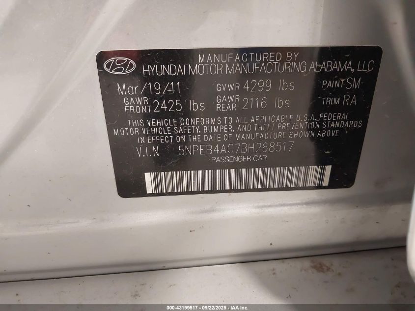 2011 Hyundai Sonata Gls VIN: 5NPEB4AC7BH268517 Lot: 43199517