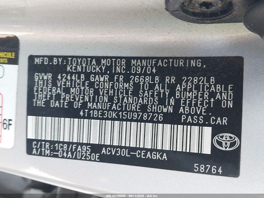 2005 Toyota Camry Xle VIN: 4T1BE30K15U978726 Lot: 43199560