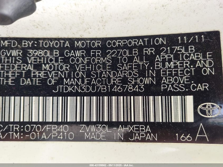 2011 Toyota Prius Two VIN: JTDKN3DU7B1467843 Lot: 43199562