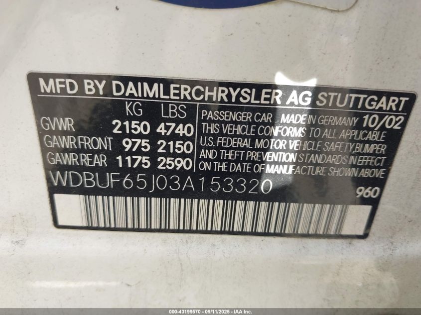 2003 Mercedes-Benz E 320 VIN: WDBUF65J03A153320 Lot: 43199570