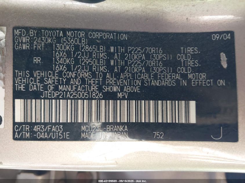 2005 Toyota Highlander V6 VIN: JTEDP21A250051826 Lot: 43199589