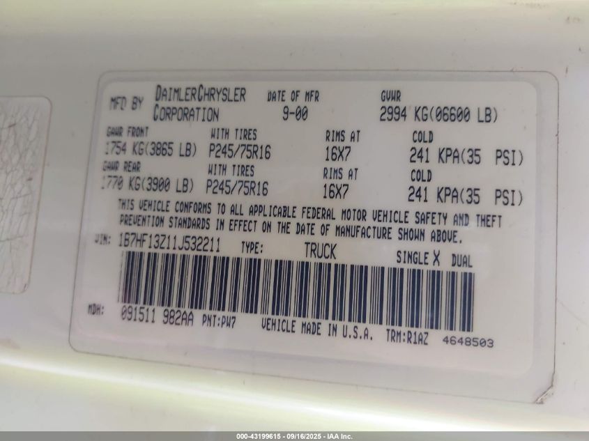2001 Dodge Ram 1500 St VIN: 1B7HF13Z11J532211 Lot: 43199615