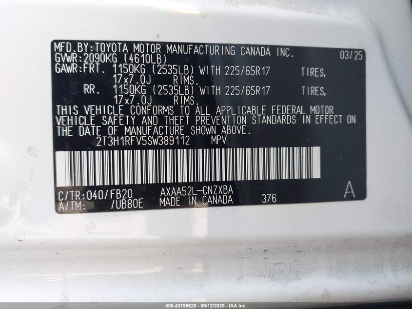 2025 TOYOTA RAV4 2.5L I4   N(VIN: 2T3H1RFV5SW389112