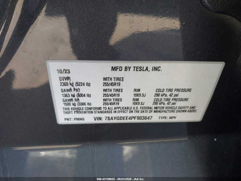 2023 Tesla Model Y Awd/Long Range Dual Motor All-Wheel Drive VIN: 7SAYGDEE4PF903647 Lot: 43199625