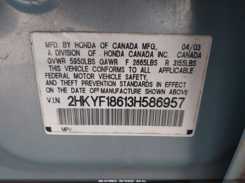 2003 Honda Pilot Ex-L VIN: 2HKYF18613H586957 Lot: 43199633