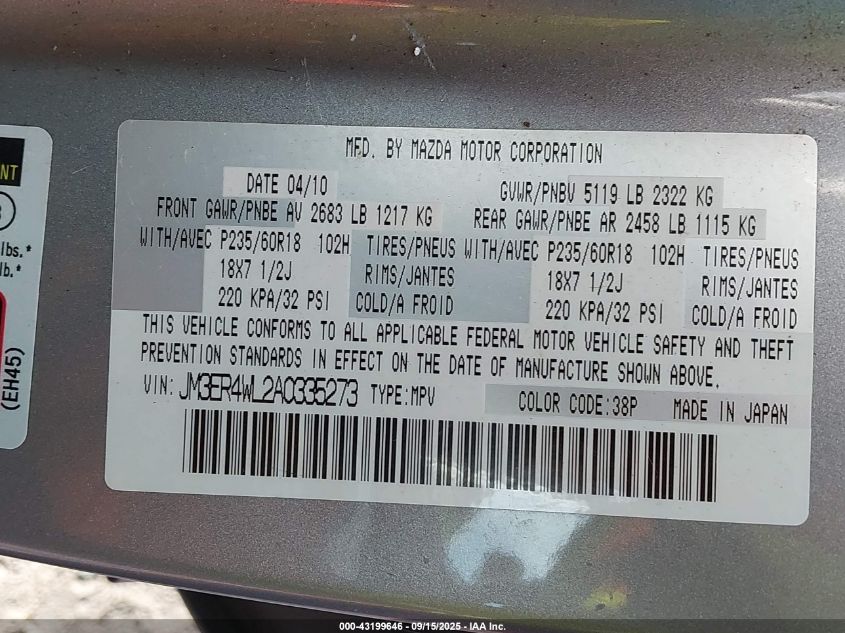 2010 Mazda Cx-7 S Touring VIN: JM3ER4WL2A0335273 Lot: 43199646