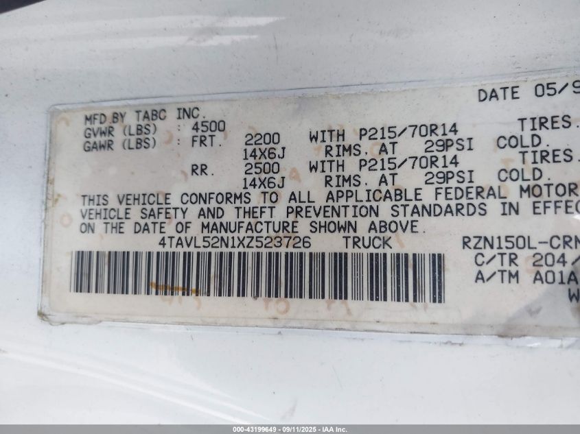 1999 Toyota Tacoma VIN: 4TAVL52N1XZ523726 Lot: 43199649