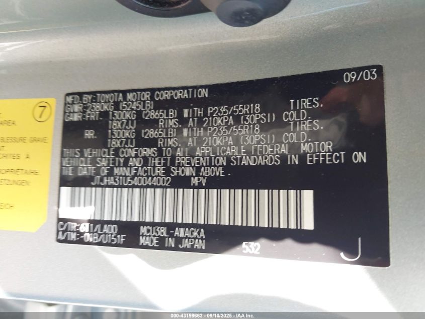 2004 Lexus Rx 330 VIN: JTJHA31U540044002 Lot: 43199663