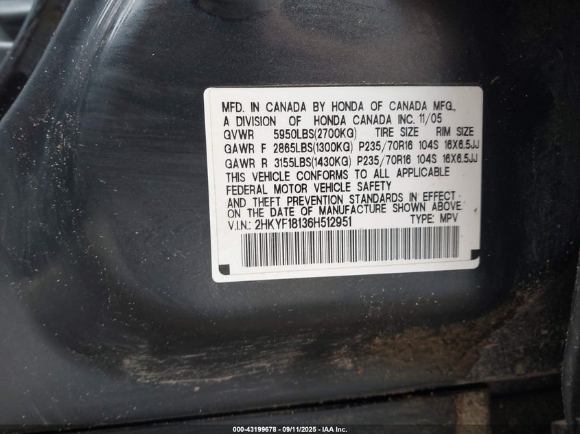 2006 Honda Pilot Lx VIN: 2HKYF18136H512951 Lot: 43199678