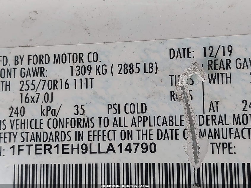 2020 Ford Ranger Xl VIN: 1FTER1EH9LLA14790 Lot: 43199684