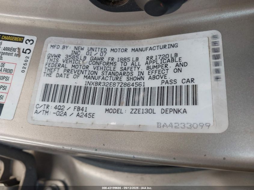 2007 Toyota Corolla Le VIN: 1NXBR32E87Z864561 Lot: 43199686