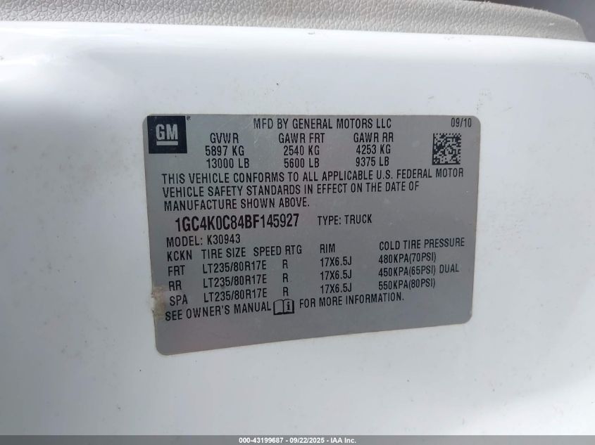 2011 Chevrolet Silverado 3500Hd Lt VIN: 1GC4K0C84BF145927 Lot: 43199687