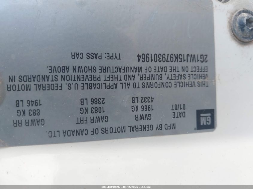 2007 Chevrolet Monte Carlo Ls VIN: 2G1WJ15K979301964 Lot: 43199697