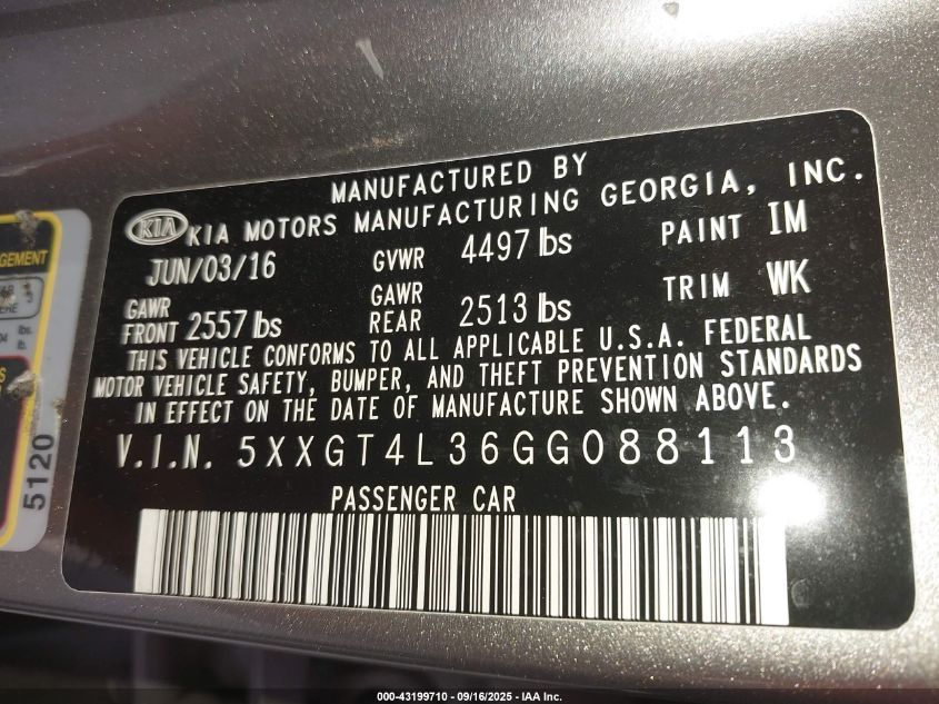 2016 Kia Optima Lx VIN: 5XXGT4L36GG088113 Lot: 43199710