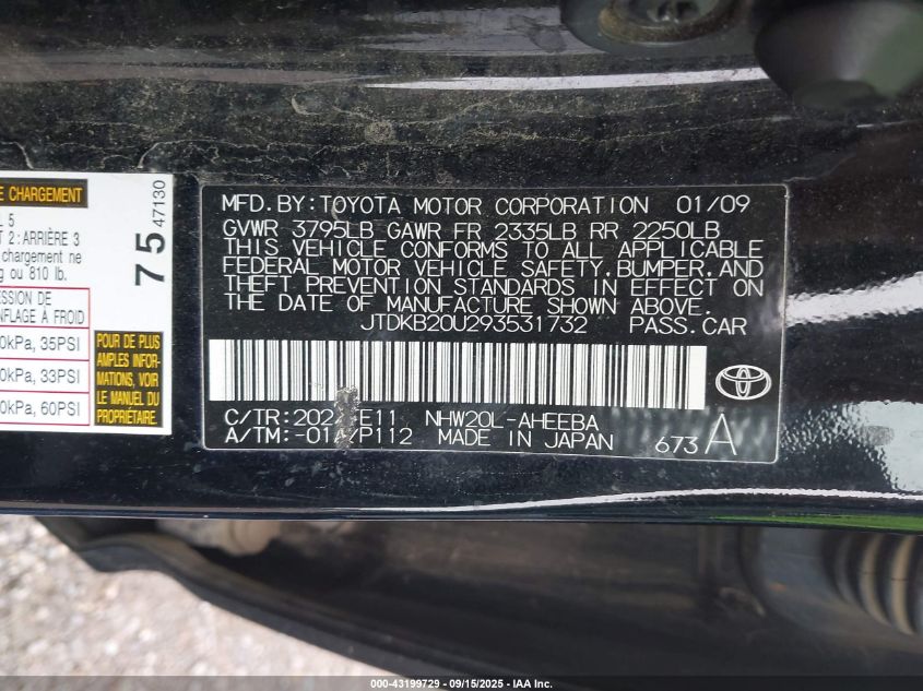 2009 Toyota Prius VIN: JTDKB20U293531732 Lot: 43199729