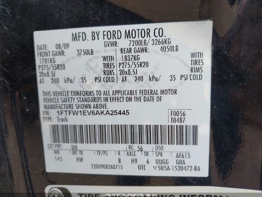 2010 Ford F-150 Fx4/Harley-Davidson/King Ranch/Lariat/Platinum/Xl/Xlt VIN: 1FTFW1EV6AKA25445 Lot: 43199730