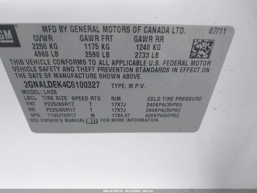 2012 Chevrolet Equinox 1Lt VIN: 2GNALDEK4C6100327 Lot: 43199735