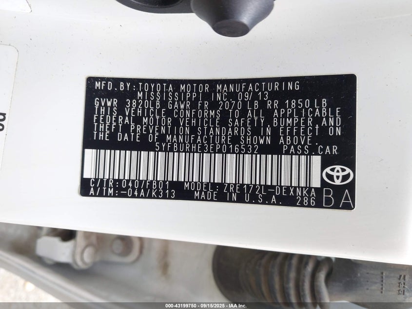 2014 Toyota Corolla Le VIN: 5YFBURHE3EP016532 Lot: 43199750