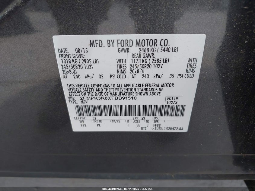 2015 FORD EDGE TITANIUM - 2FMPK3K8XFBB91510