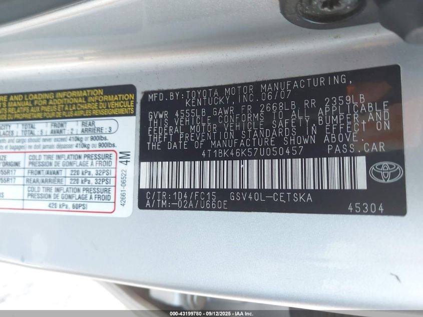 2007 Toyota Camry Se V6 VIN: 4T1BK46K57U050457 Lot: 43199780