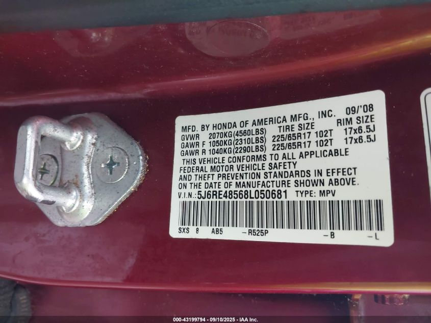 2008 Honda Cr-V Ex VIN: 5J6RE48568L050681 Lot: 43199794