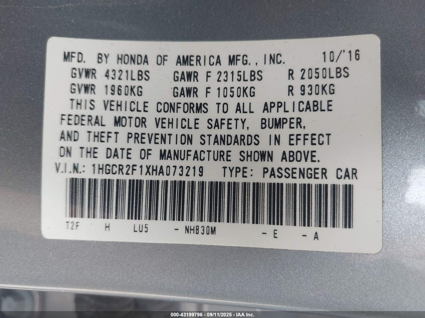 1HGCR2F1XHA073219 2017 HONDA ACCORD photo no. 9