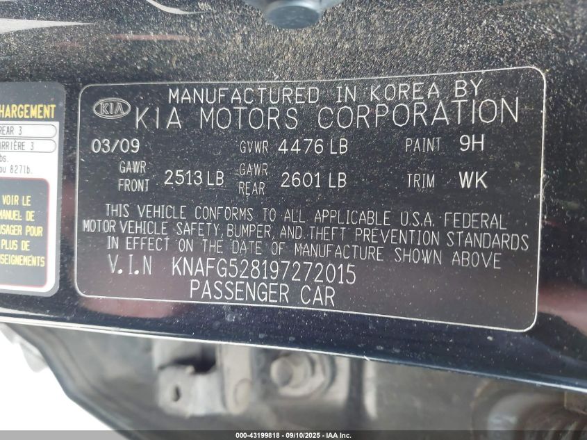 2009 Kia Rondo Lx VIN: KNAFG528197272015 Lot: 43199818