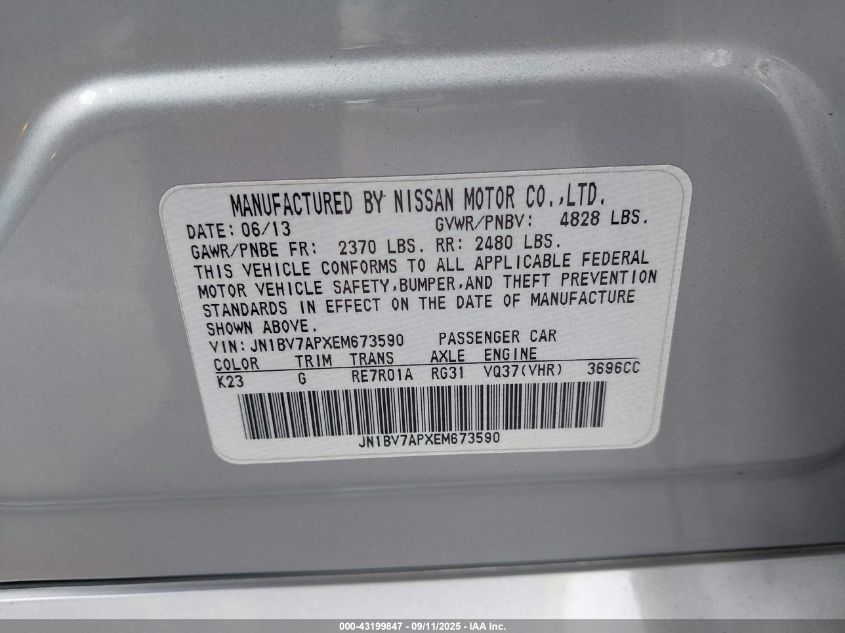 2014 Infiniti Q50 Premium VIN: JN1BV7APXEM673590 Lot: 43199847