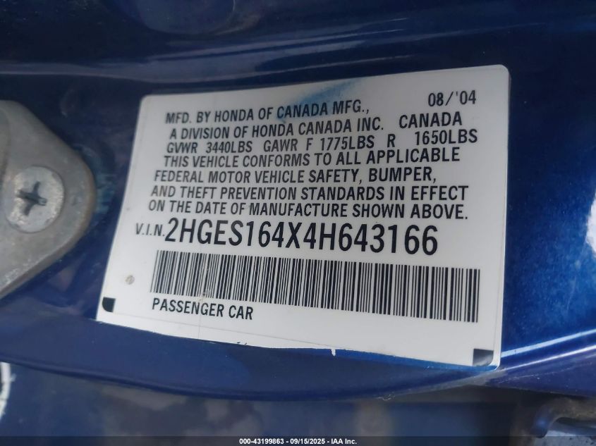 2004 Honda Civic Vp VIN: 2HGES164X4H643166 Lot: 43199863