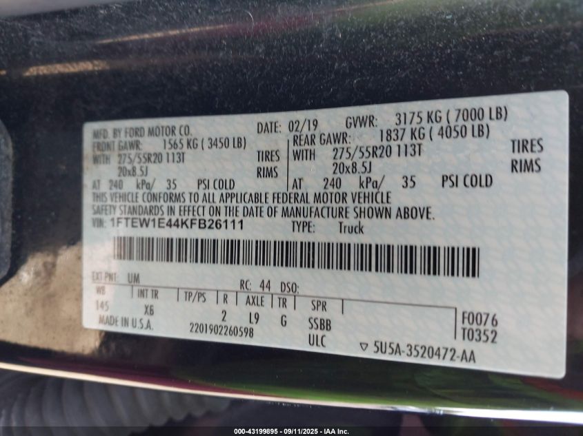 2019 Ford F-150 Xlt VIN: 1FTEW1E44KFB26111 Lot: 43199895