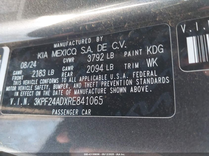 2024 Kia Forte Lx/Lxs VIN: 3KPF24ADXRE841065 Lot: 43199896