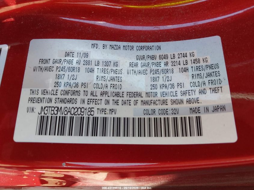 2010 Mazda Cx-9 Touring VIN: JM3TB3MV8A0209185 Lot: 43199916