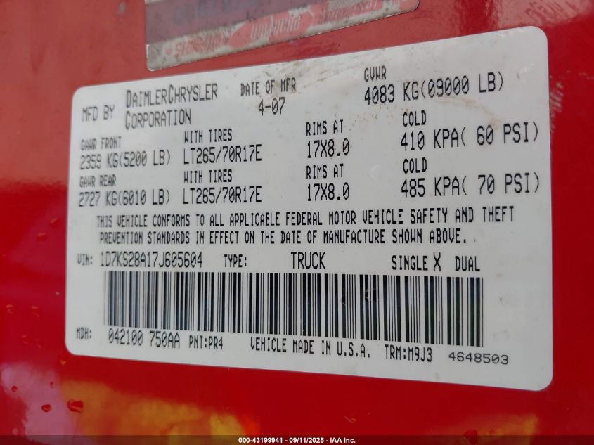 2007 Dodge Ram 2500 Slt/Trx4 Off Road/Sport/Power Wagon VIN: 1D7KS28A17J605604 Lot: 43199941